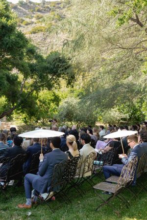 Wedding guests seated in rows of chairs at an outdoor ceremony under tree canopy.