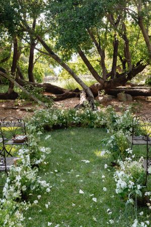 White floral arch creates a romantic garden ceremony space framed by mature trees.