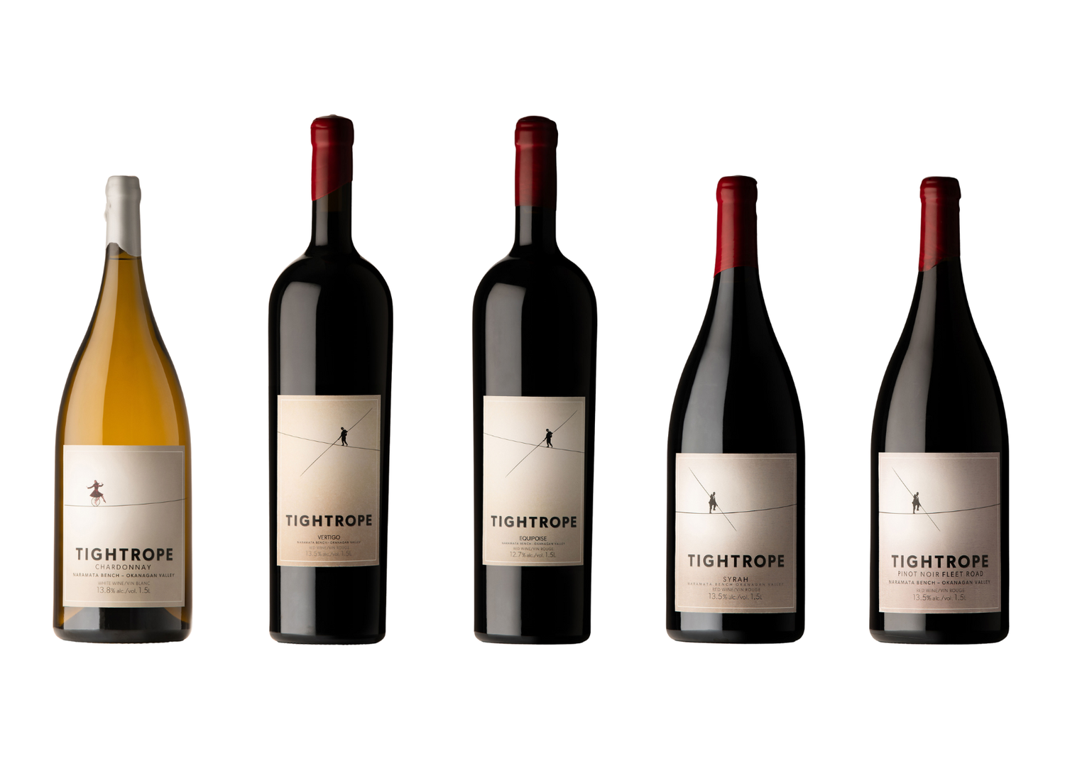 Line-up of five Tightrope Winery magnum wine bottles - studio product photography by Okanagan photographer Tania Veitch.