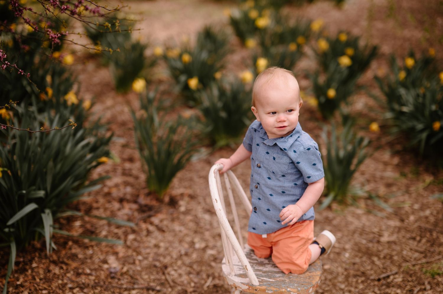 A small child in a blue shirt and orange pants sits on a dirt path surrounded by autumn foliage.