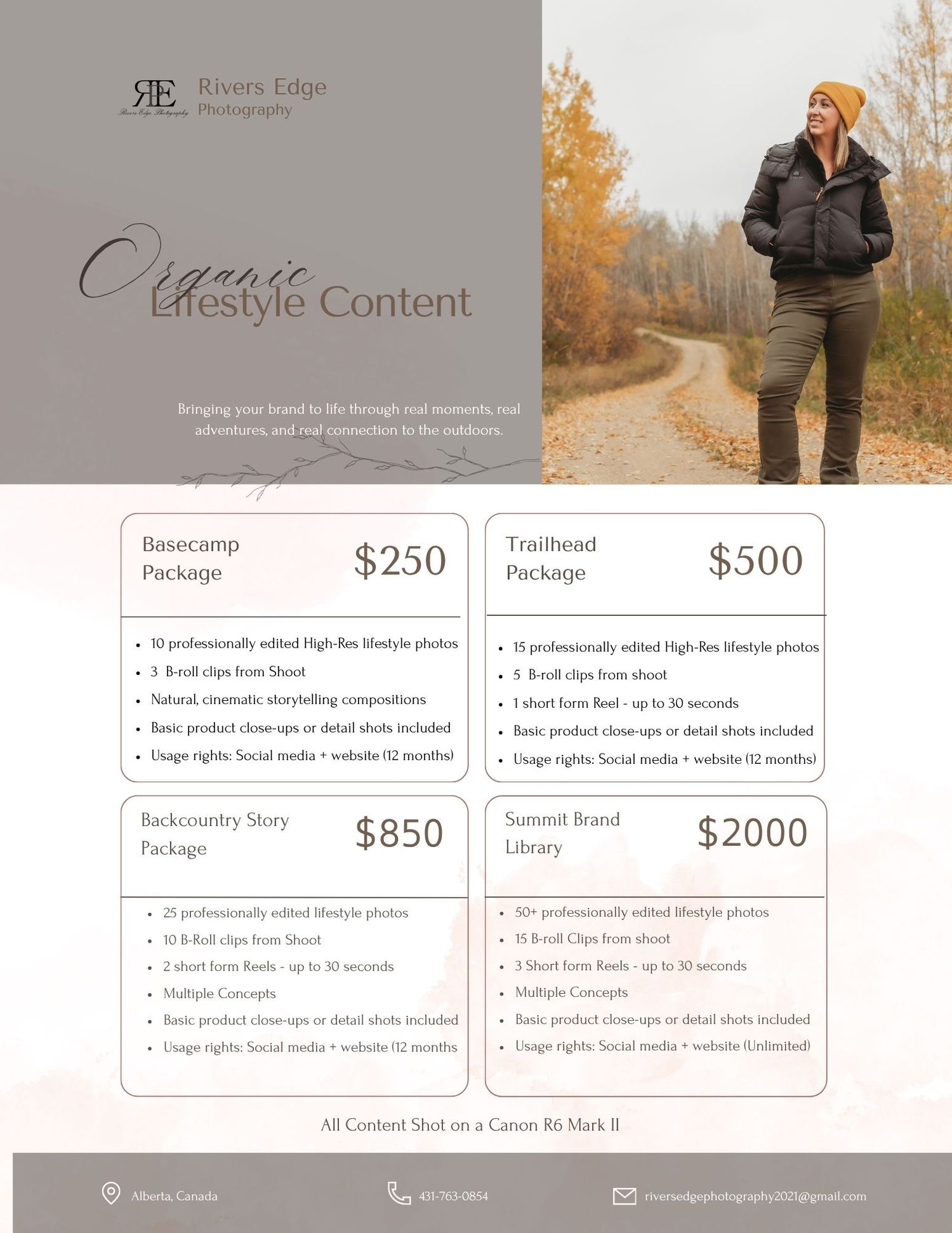 Professional photography pricing guide showing packages and services with autumn outdoor session photos in muted tones.