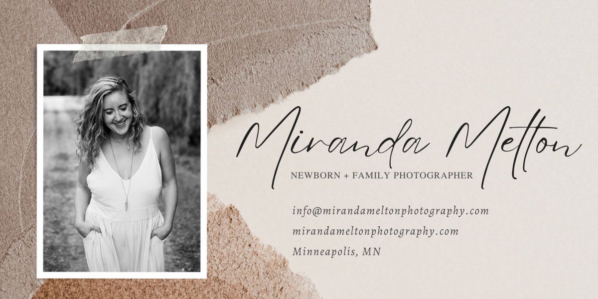 A photo of Miranda, a Twin Cities Family Photographer, appears taped next to her contact information