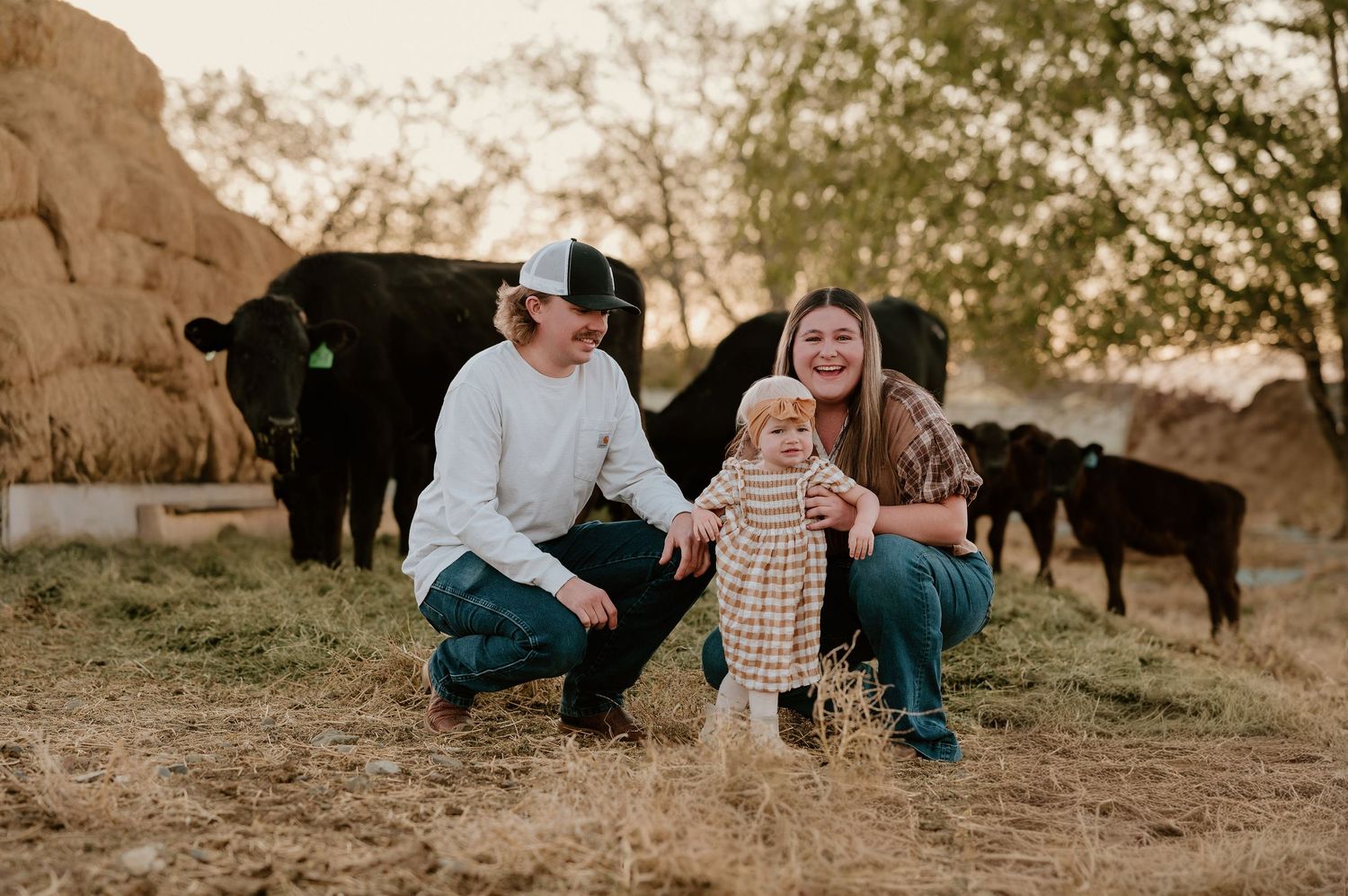 A series of candid family photos captured outdoors against a natural desert landscape during golden hour.