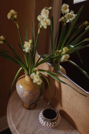 White paperwhite narcissus flowers bloom in a rustic ceramic vase against a wooden backdrop.