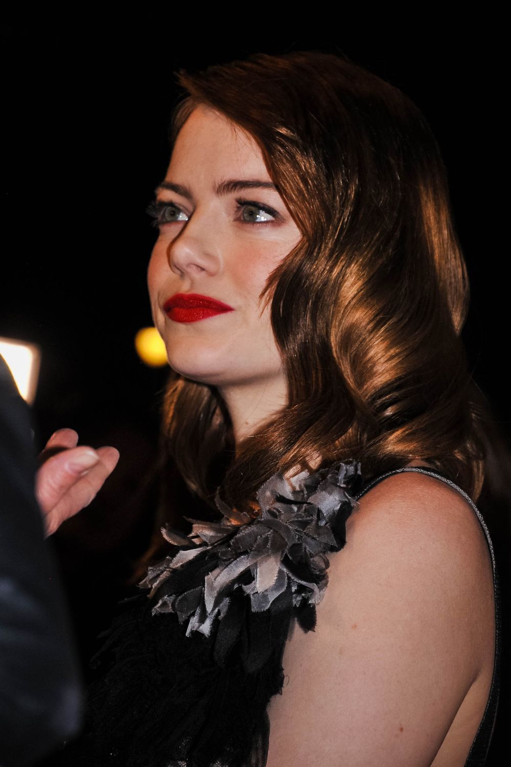 A glamorous portrait series shows a dramatic side profile with red lipstick and a black floral accent against dark lighting.