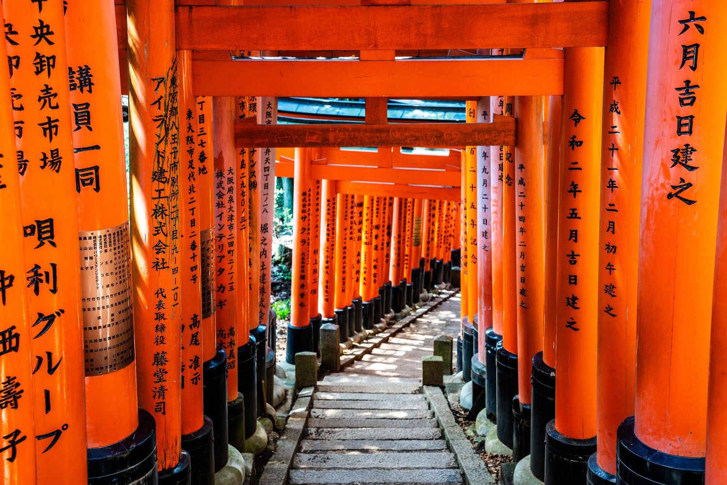Vermillion torii gate tunnel with Japanese text and lanterns creating a striking perspective.