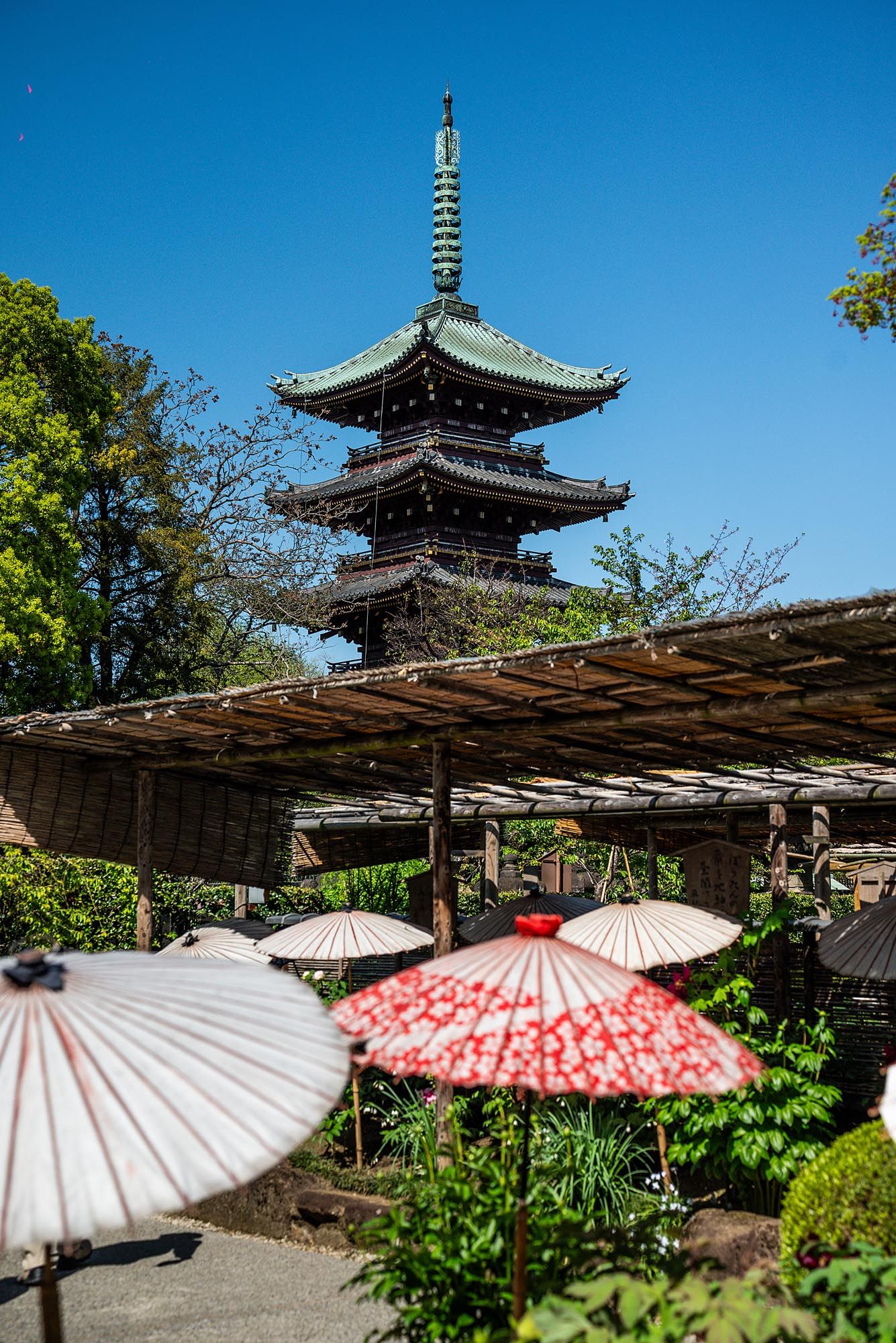 Traditional Japanese pagoda tower rises above ornate paper umbrellas and lush garden landscaping on a sunny day.