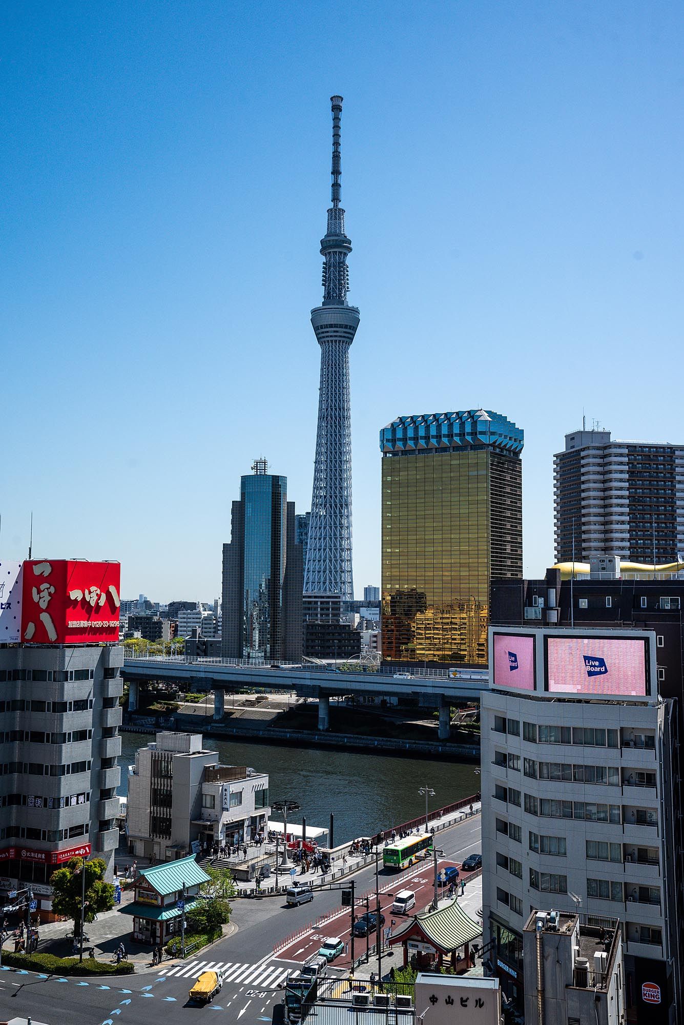 Tokyo cityscape with Tokyo Skytree and modern buildings against blue sky, viewed from elevated position.