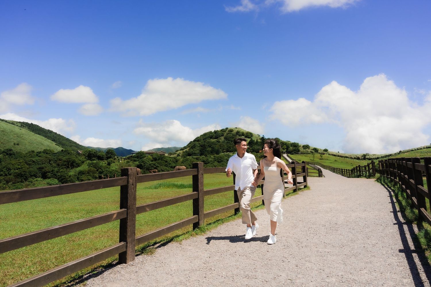 A couple holding hands while walking along a scenic hillside path with wooden fencing under cloudy skies.