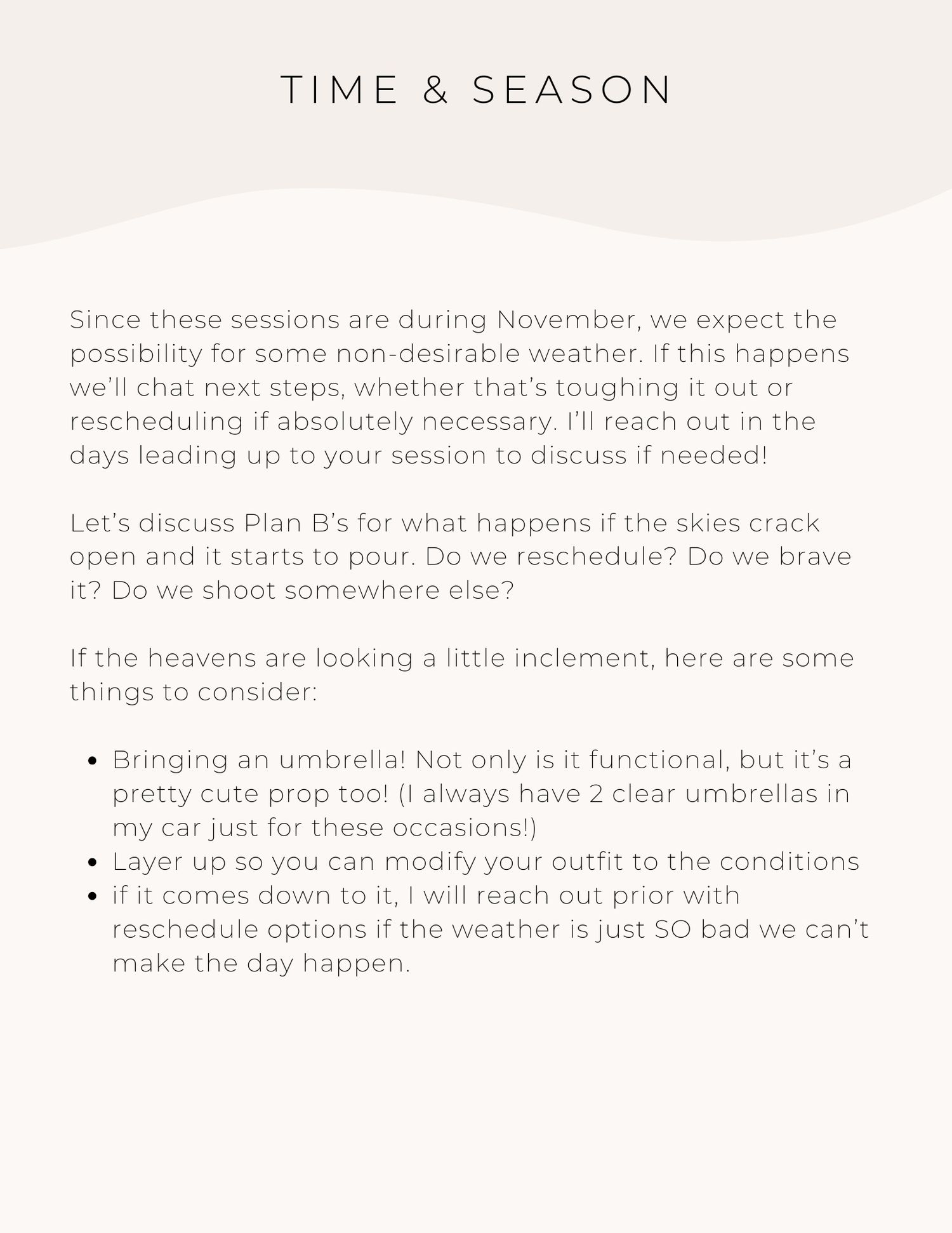 Information page about seasonal timing and weather considerations for outdoor photo sessions.