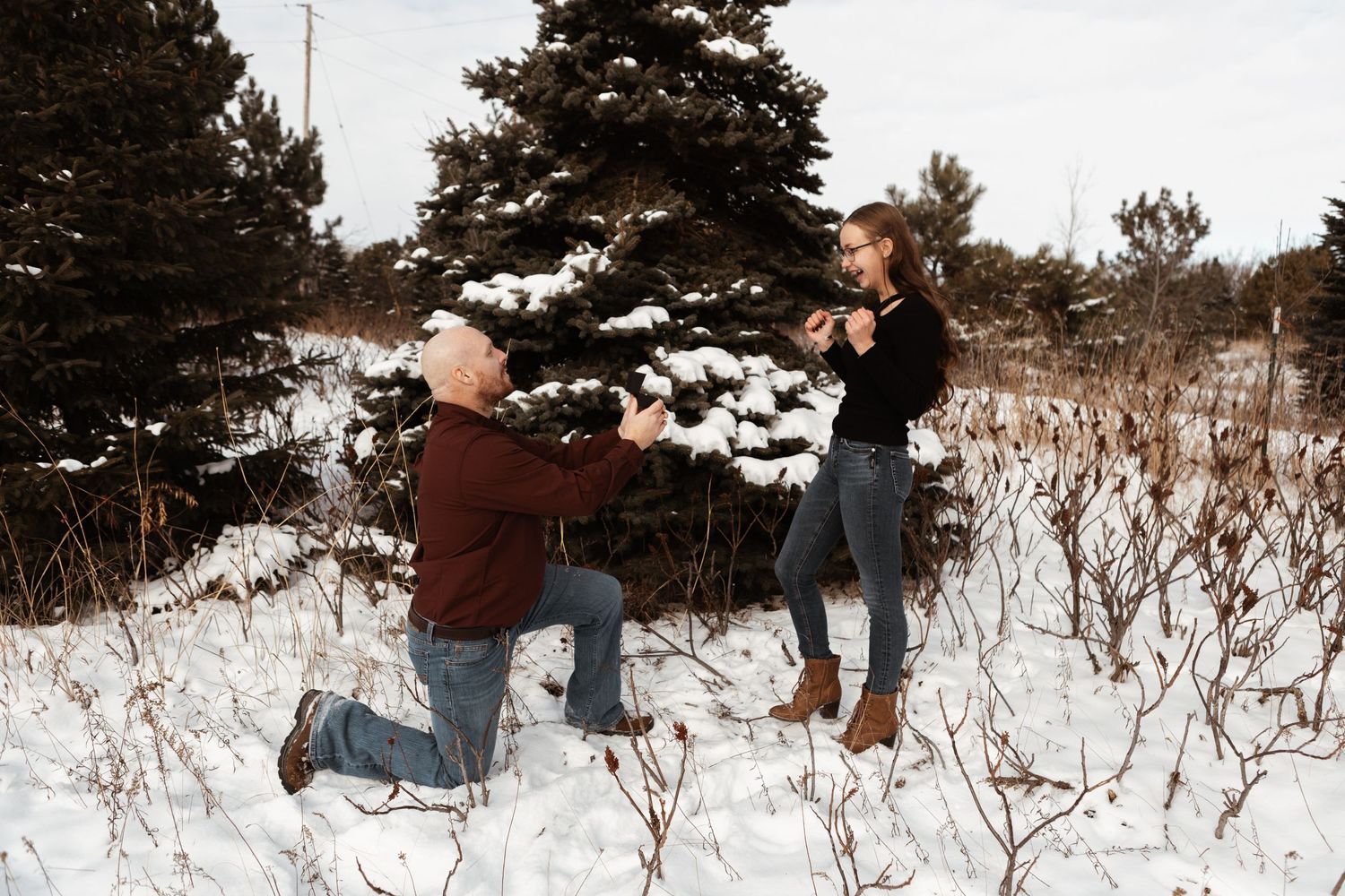 A sequence of snowy winter landscape photos with a couple getting engaged.