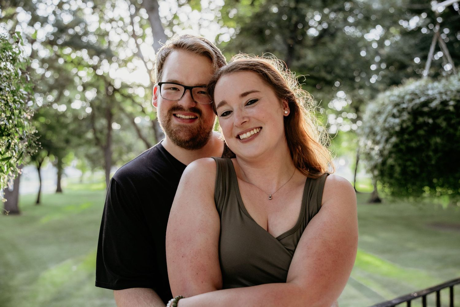 A collection of casual outdoor engagement photos showing joyful moments between a couple.