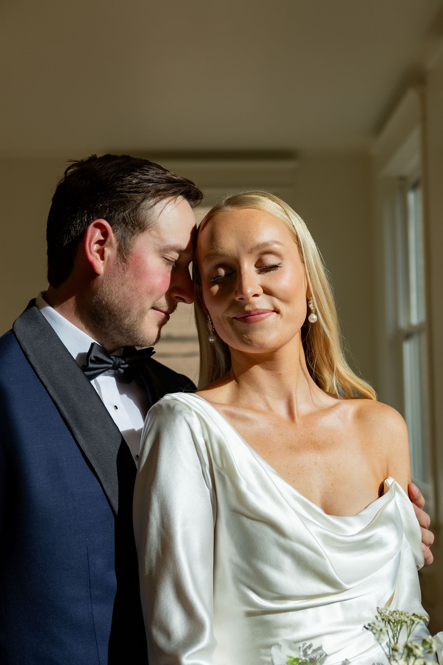 An intimate series of wedding portraits showing tender moments in soft natural light.