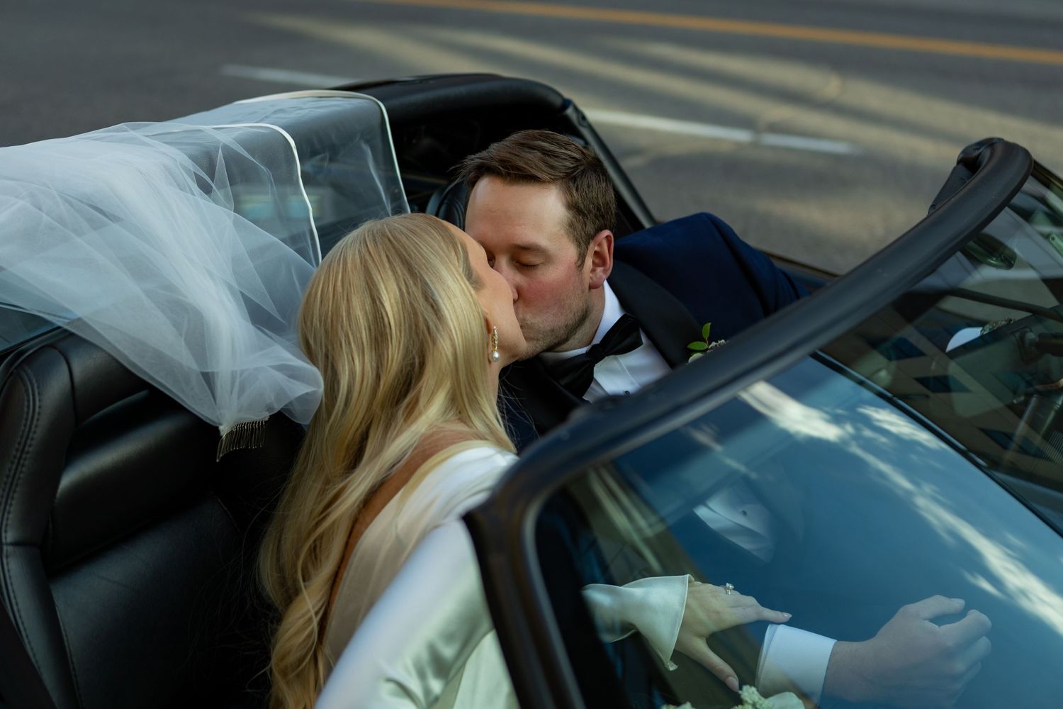 A series of romantic car photos showing a couple in wedding attire.