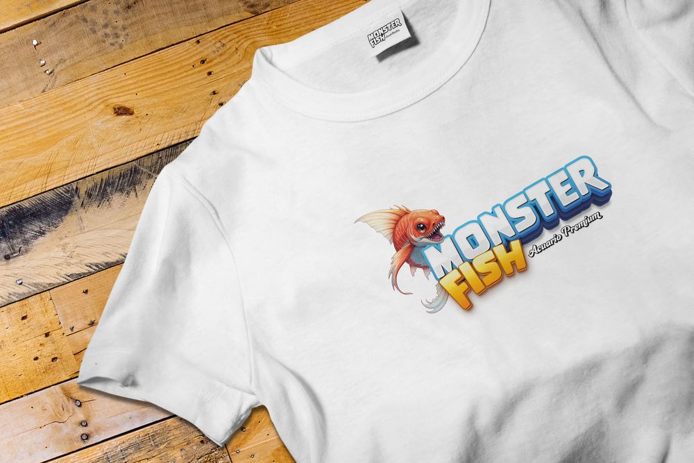 White t-shirt with Monster Fish logo and orange fish character design.