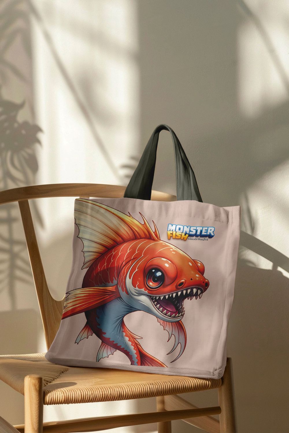 Tote bag with cartoon monster fish design sitting on wooden chair with shadow effects.