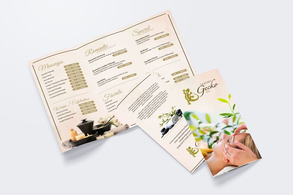 Spa service menu cards with elegant design and pricing layout.