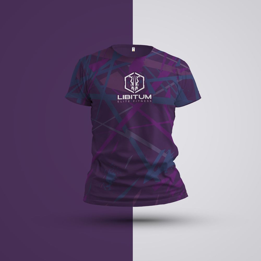 A purple t-shirt with geometric pattern design and Light Gym logo on white background.