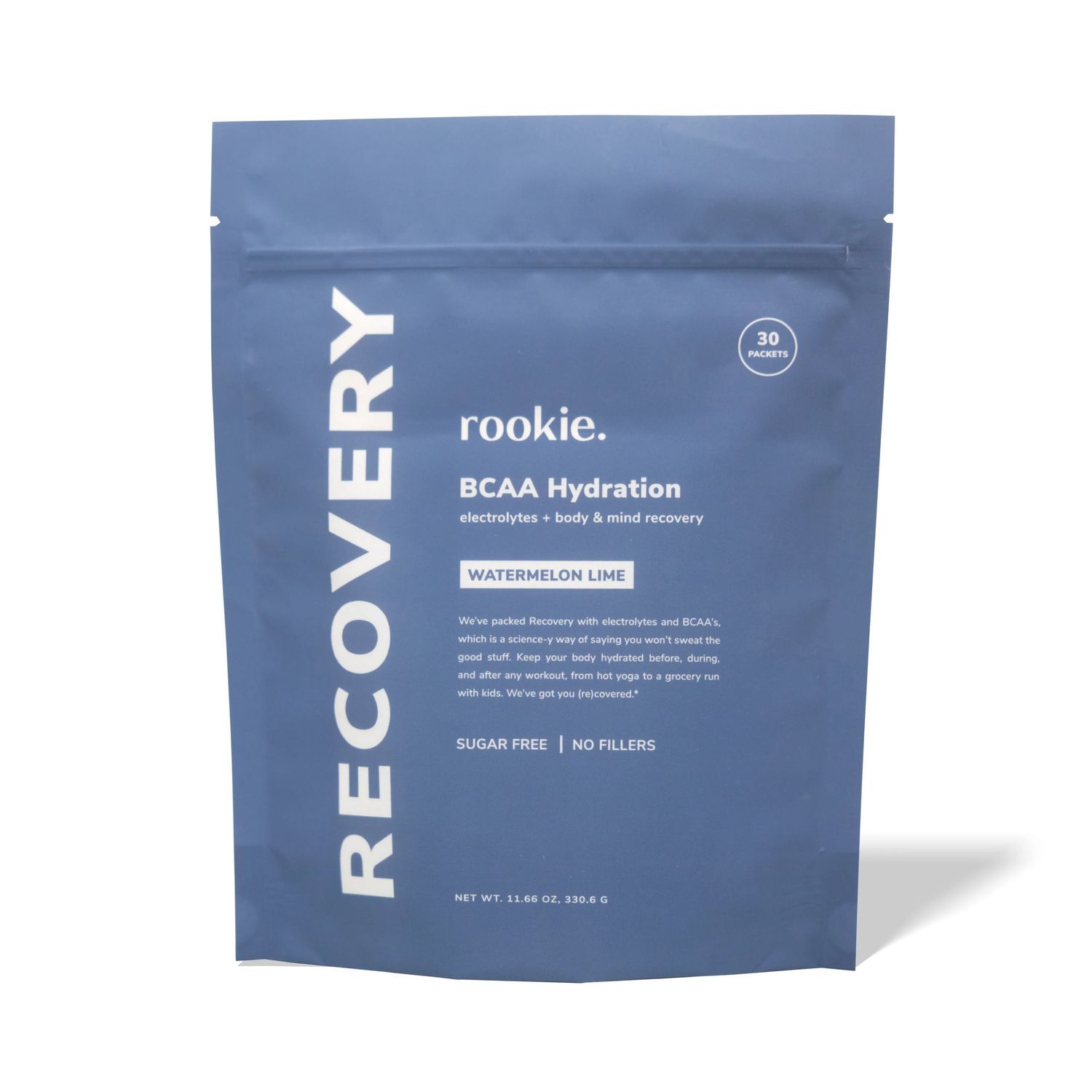Blue supplement packaging pouches for BCAA hydration powder shown from multiple angles against white background.