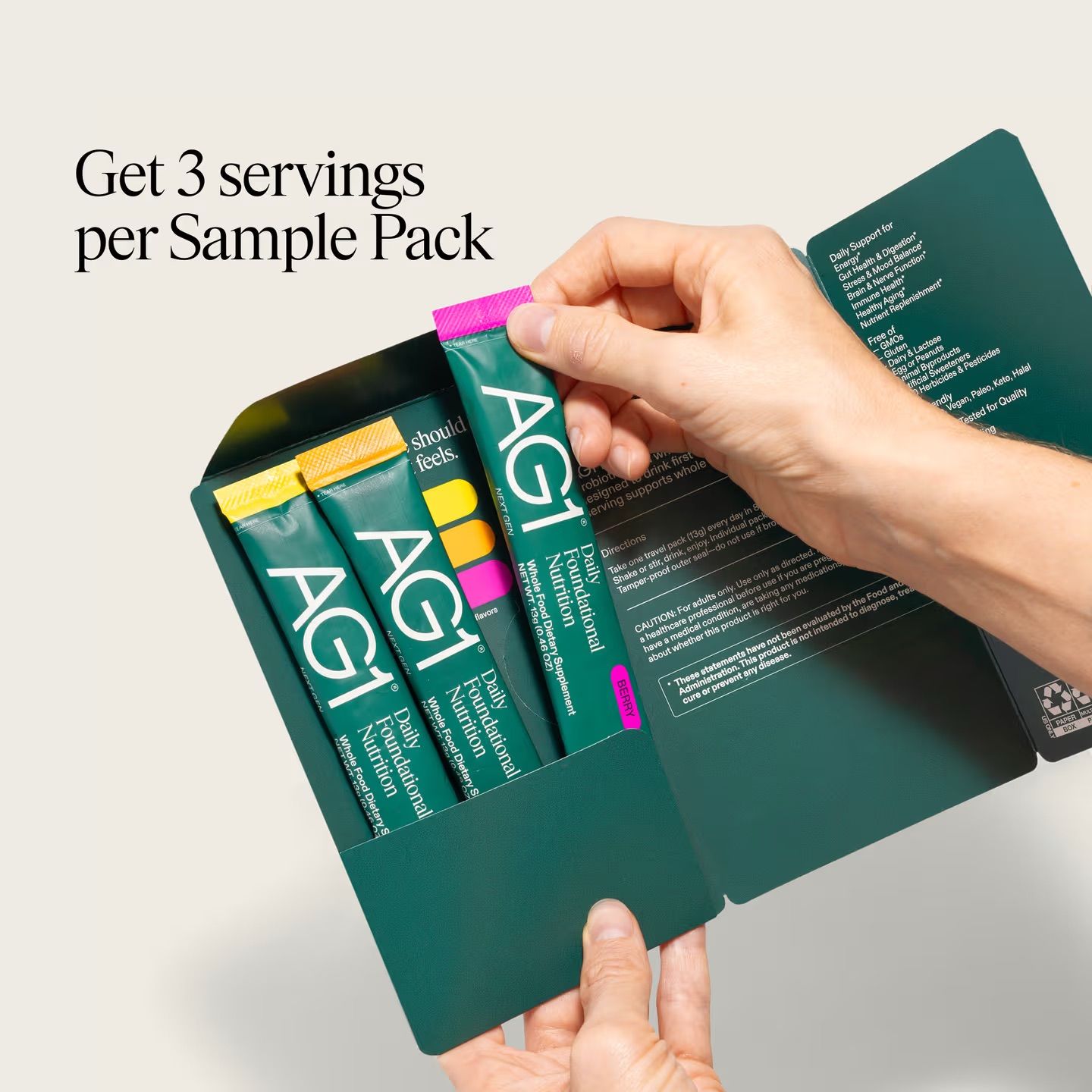 AG1 athletic supplement pouches shown in dark green packaging with white text against a white background.