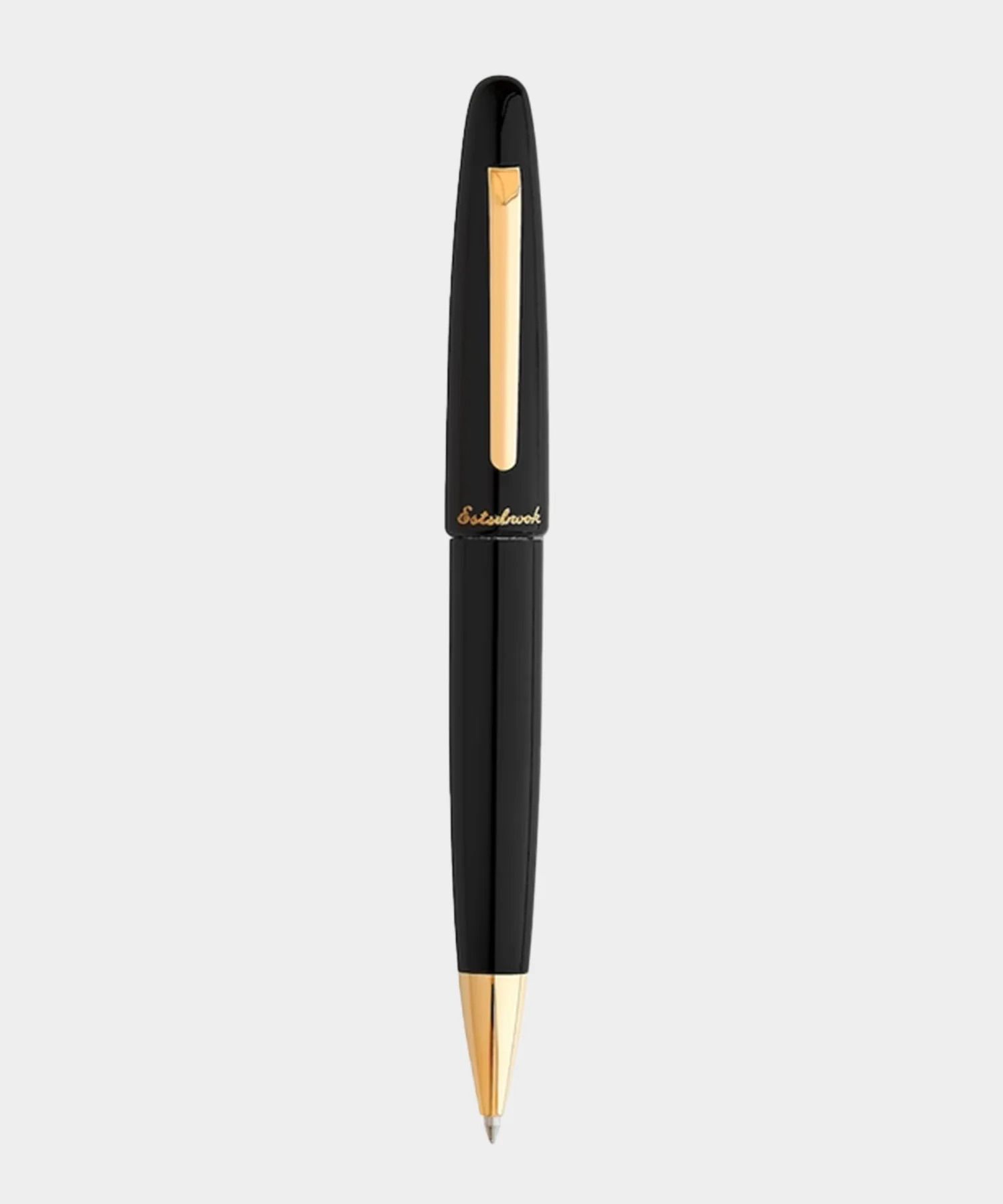 Elegant black and gold ballpoint pen shown from three different angles against a white background.