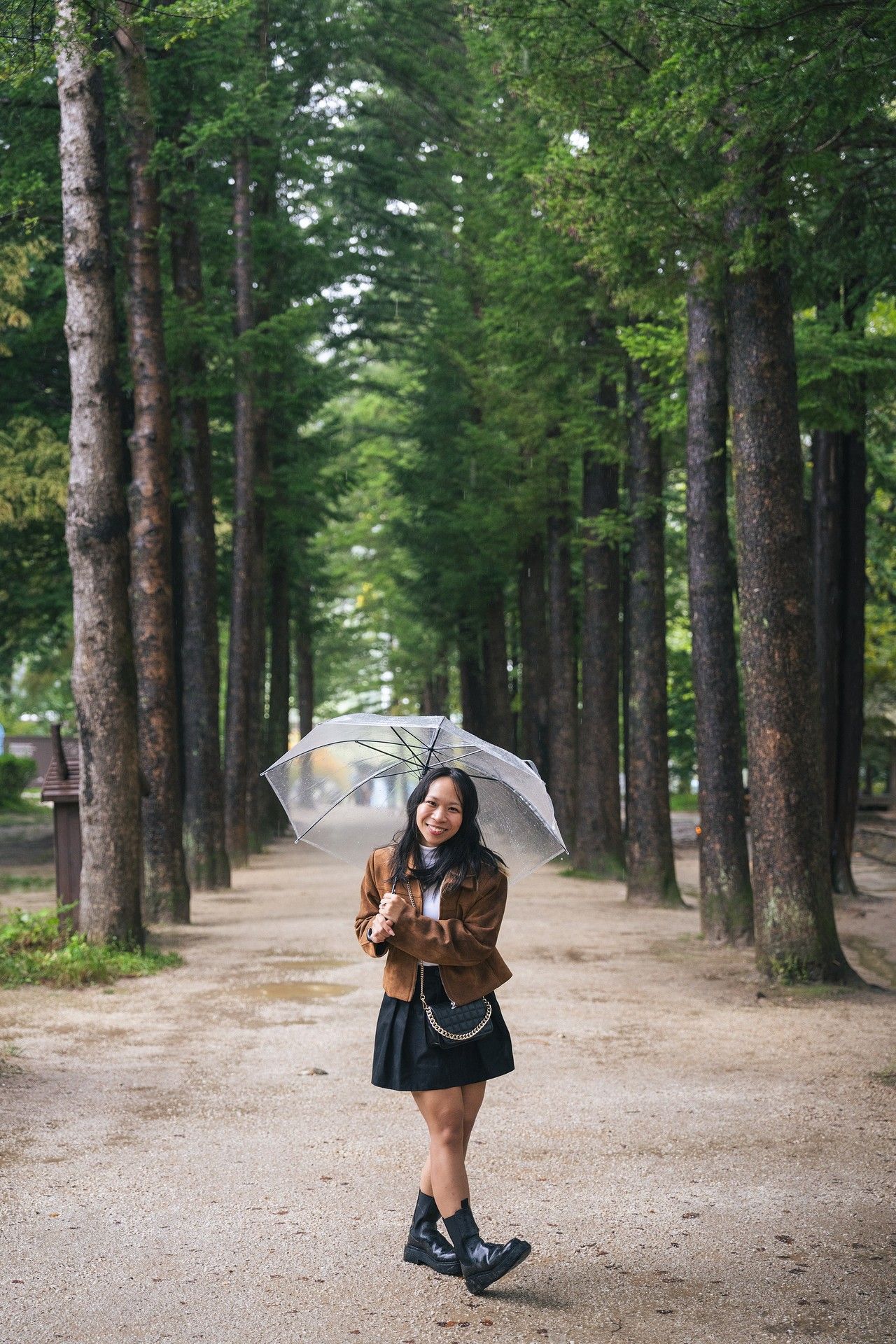 A path through tall pine trees leads into a forest with someone holding an umbrella in three different poses.