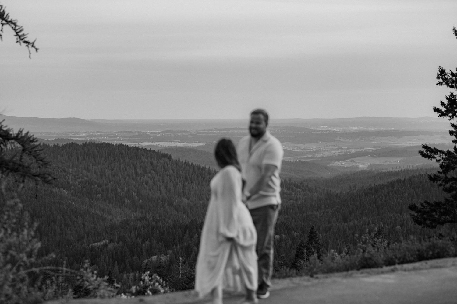 A couple holds hands in a meadow surrounded by evergreen trees and mountains under moody cloudy skies.