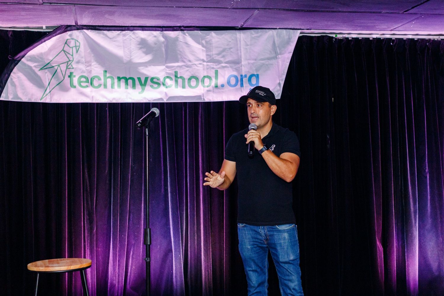 Host on stage at a comedy show. San Juan, Puerto Rico.