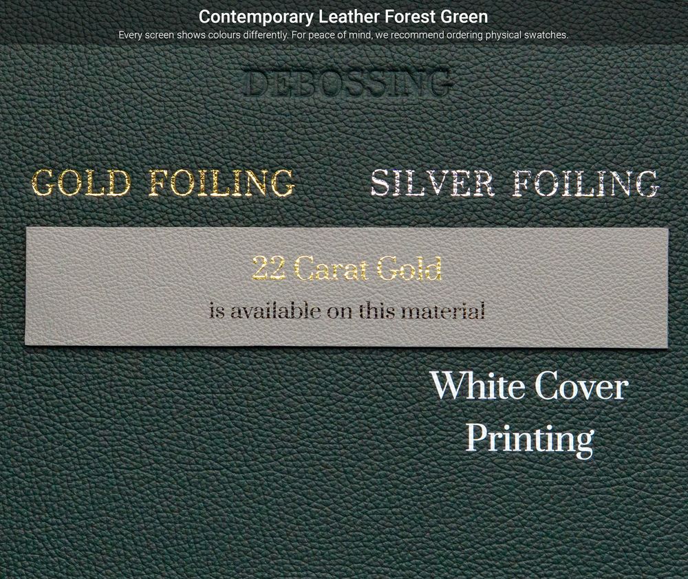 Close-up view of green leather texture samples with metallic foil text showing different printing and finishing options.