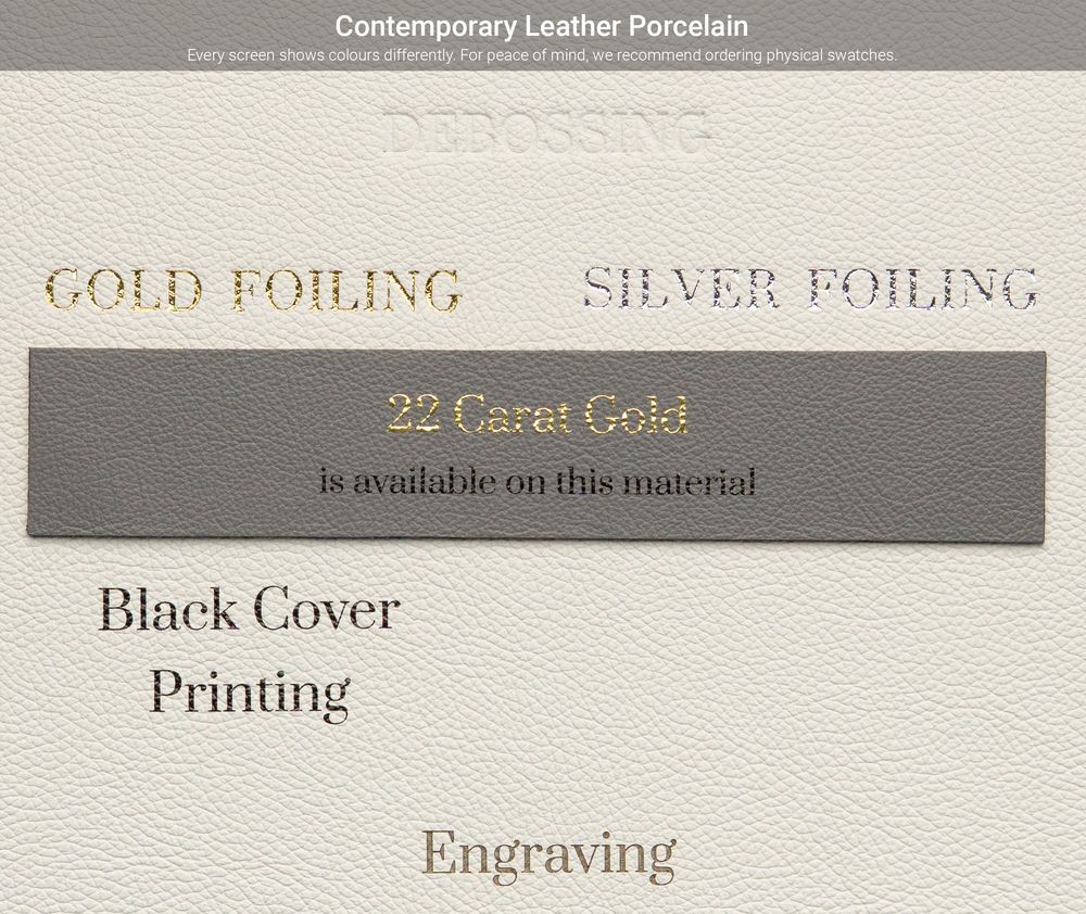 Metallic text samples showing gold and silver foiling options on black cover material with contemporary leather porcelain finish.