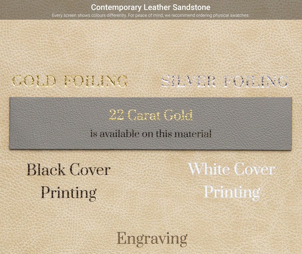 Elegant material sample options showing leather sandstone textures with gold and black engraving choices.