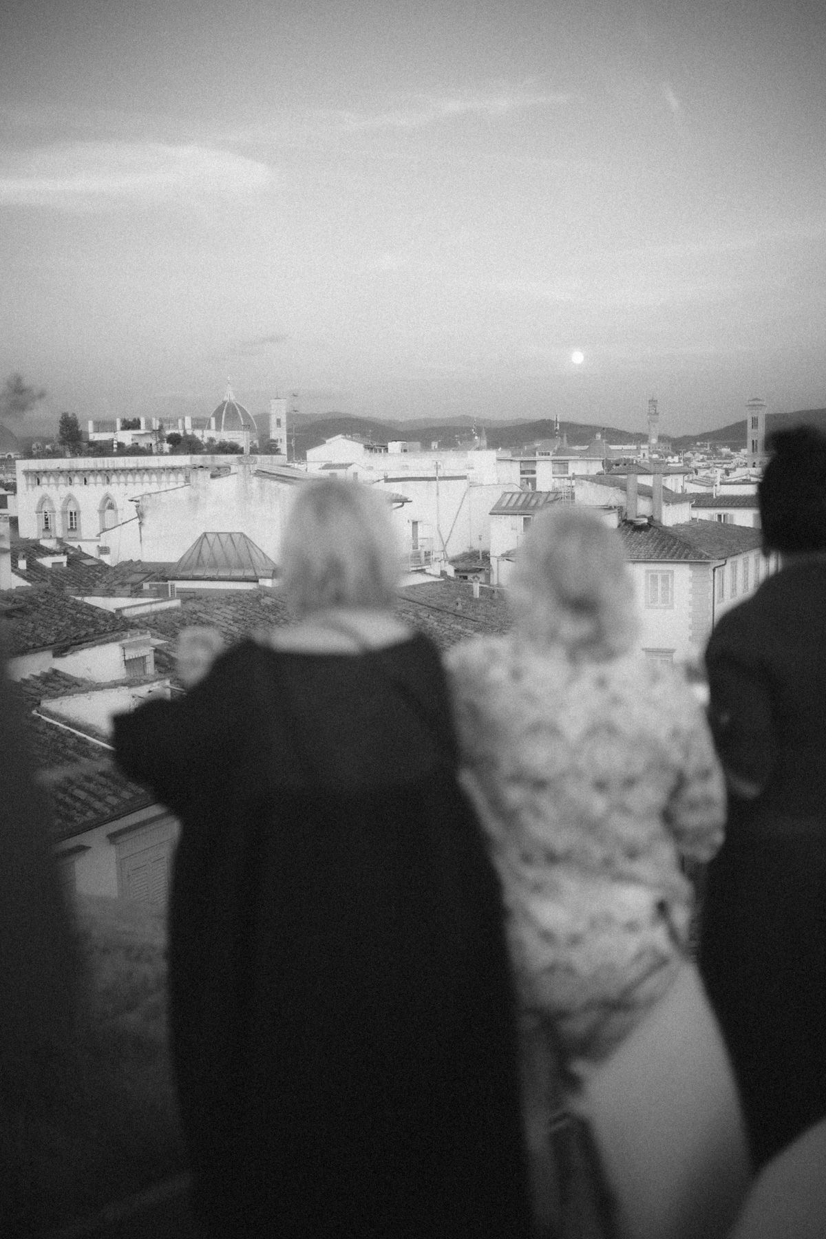 Black and white panoramic sequence showing figures looking out over a cityscape from a rooftop vantage point.
