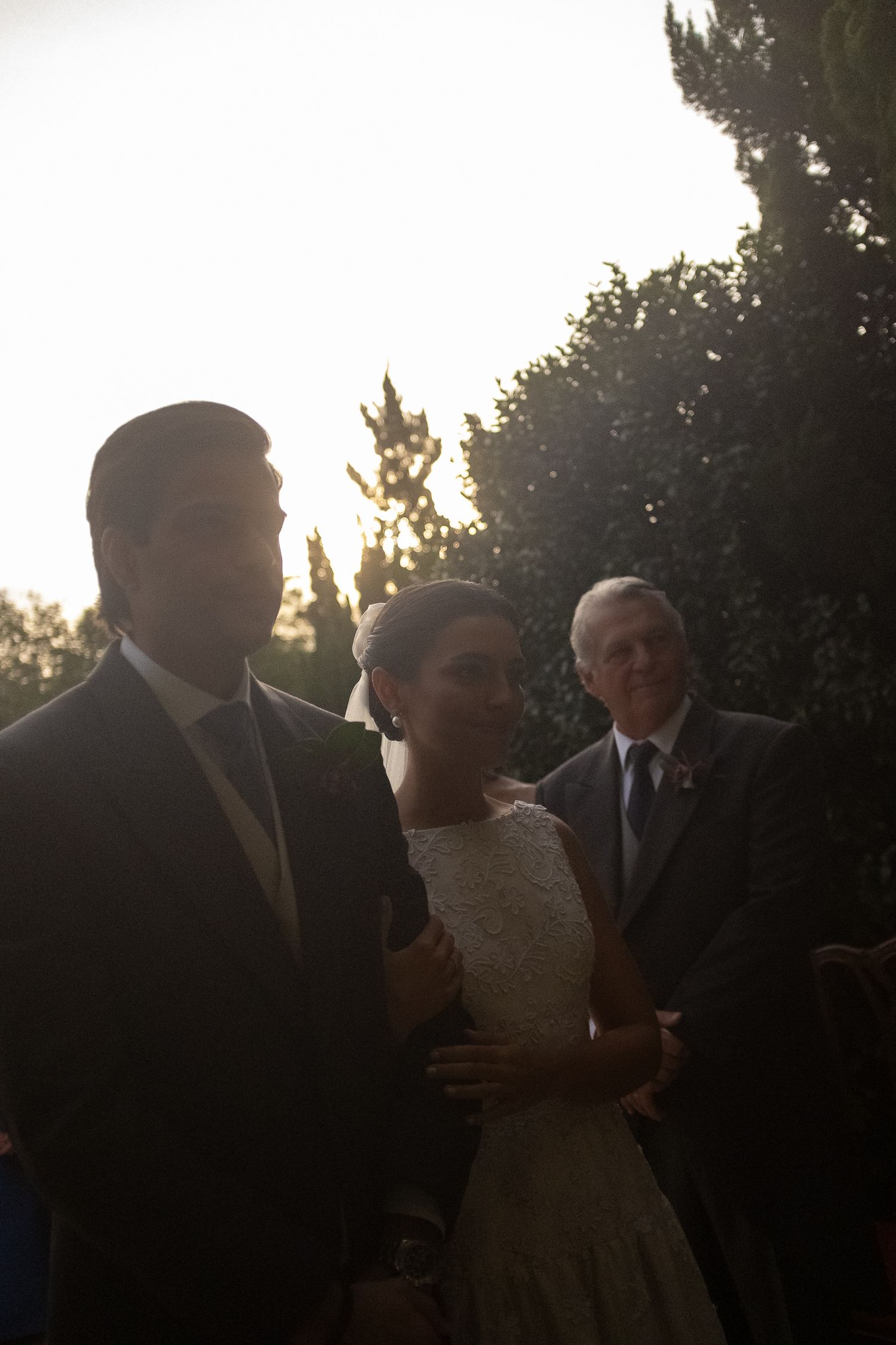 Wedding party silhouetted against sunset sky in garden setting during evening celebration.