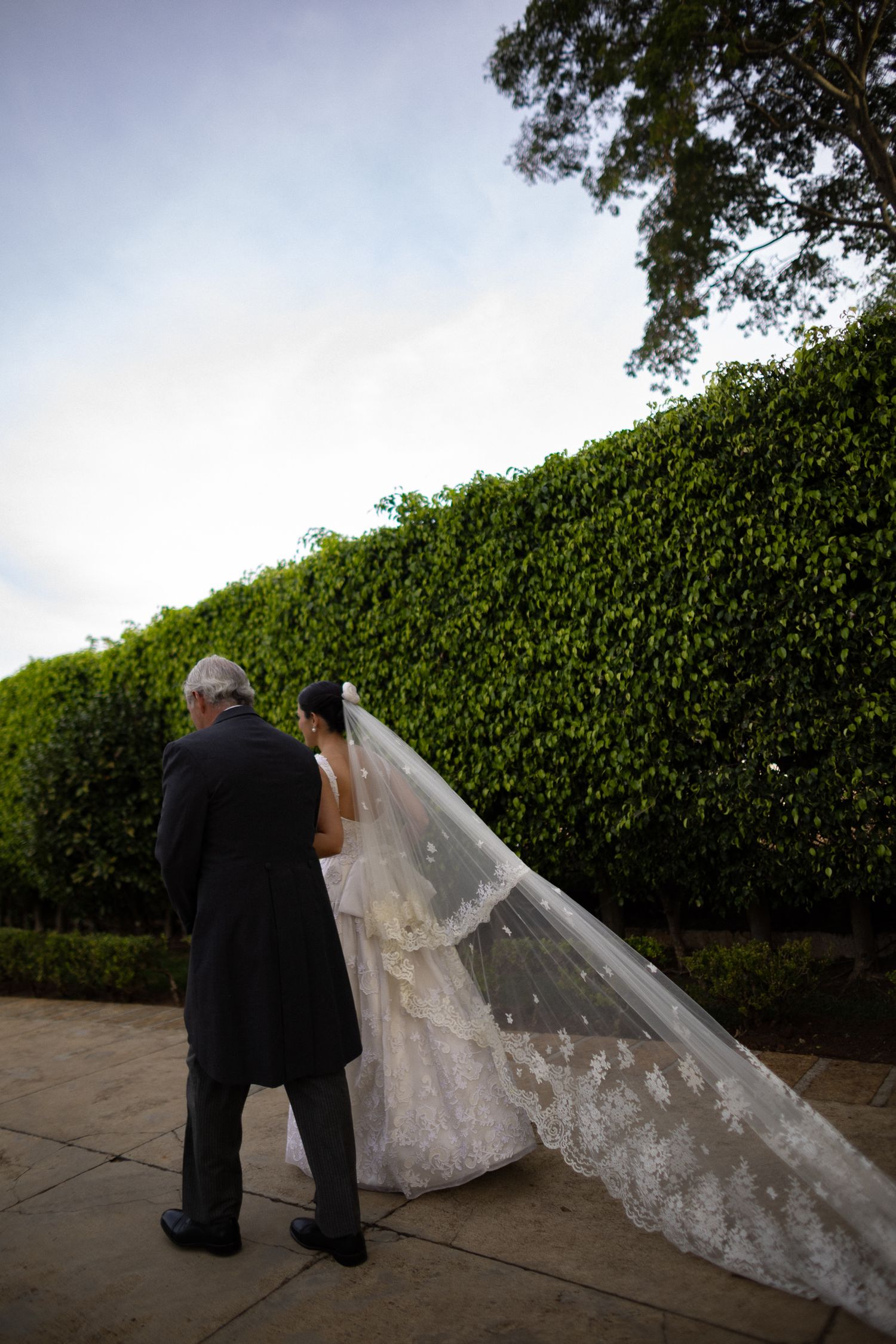 A wedding photographer adjusts the long lace veil of a bride outdoors against a green hedge backdrop.