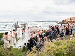 A collection of beach wedding ceremony photos showing guests gathered on a sandy shoreline with ocean waves in the background.