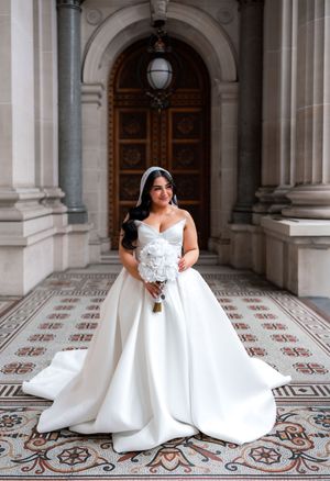 A bride in an elegant white ball gown poses in a grand archway with ornate tiled floors and classical architecture.