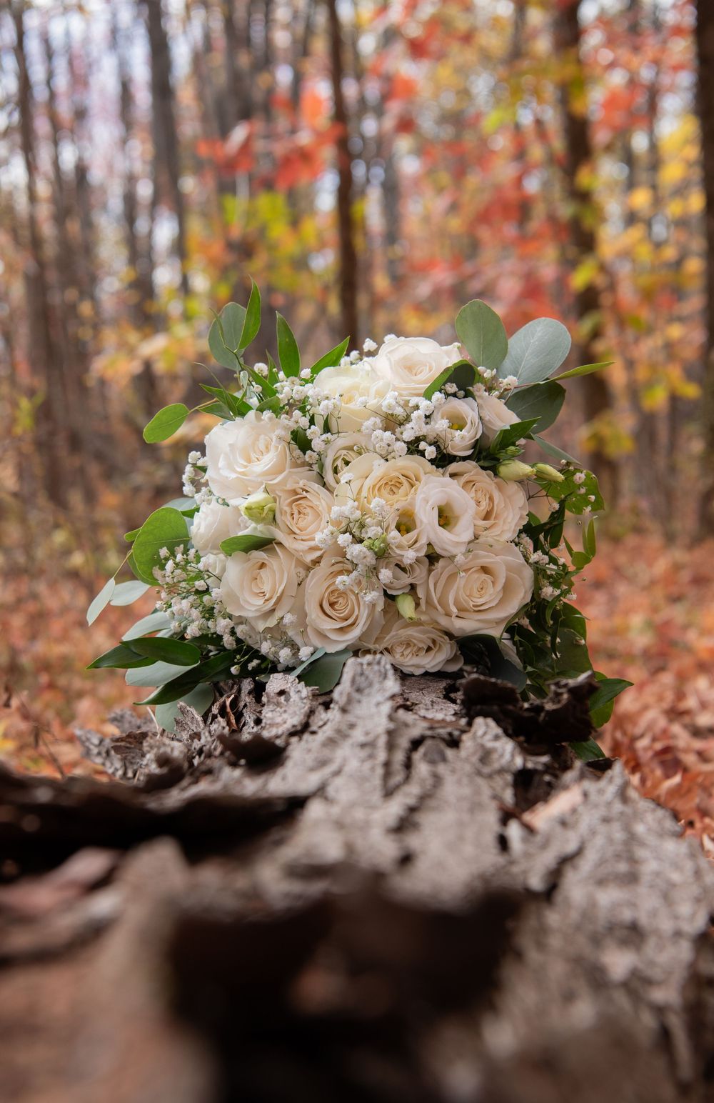White roses and delicate floral arrangements rest on a rustic surface with autumn colors in the background.