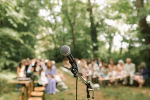photo de cérémonie laïque micro et public d'invités derrière mariage yvelines