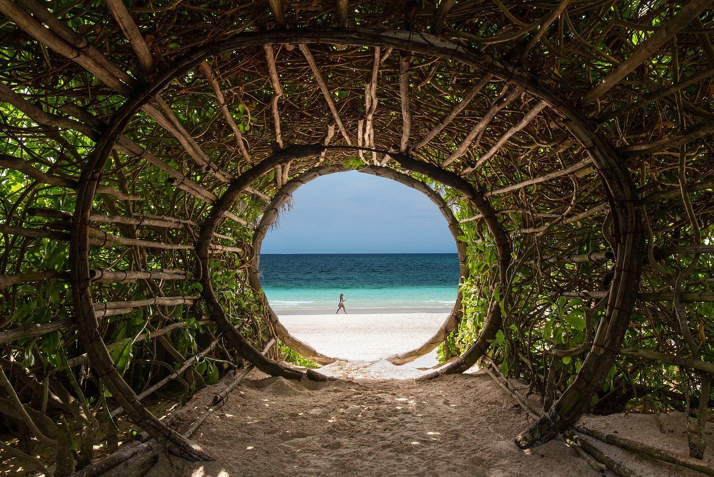 A series of natural archways formed by trees and foliage frame views of a pristine tropical beach in Mexico
Casa Malca weddinng photographer