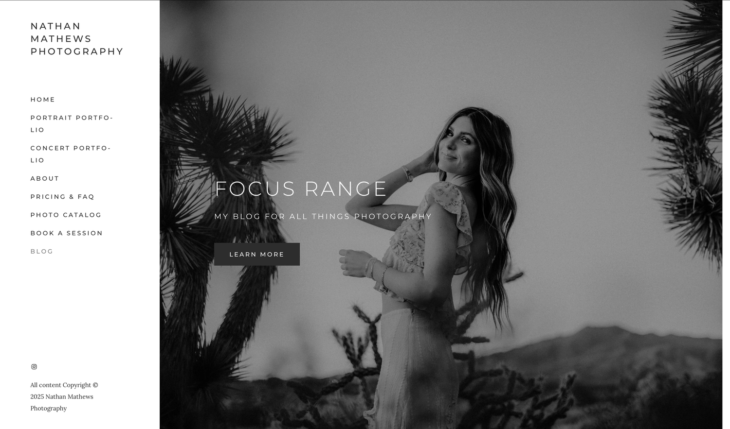 Minimalist black and white website design showcasing photography portfolio with clean typography and full-width images.