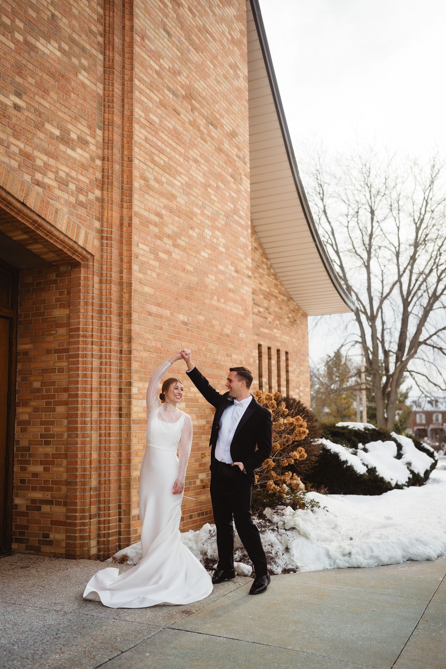 A sequence of wedding photos against a brick wall with snow on the ground showing playful poses in winter.