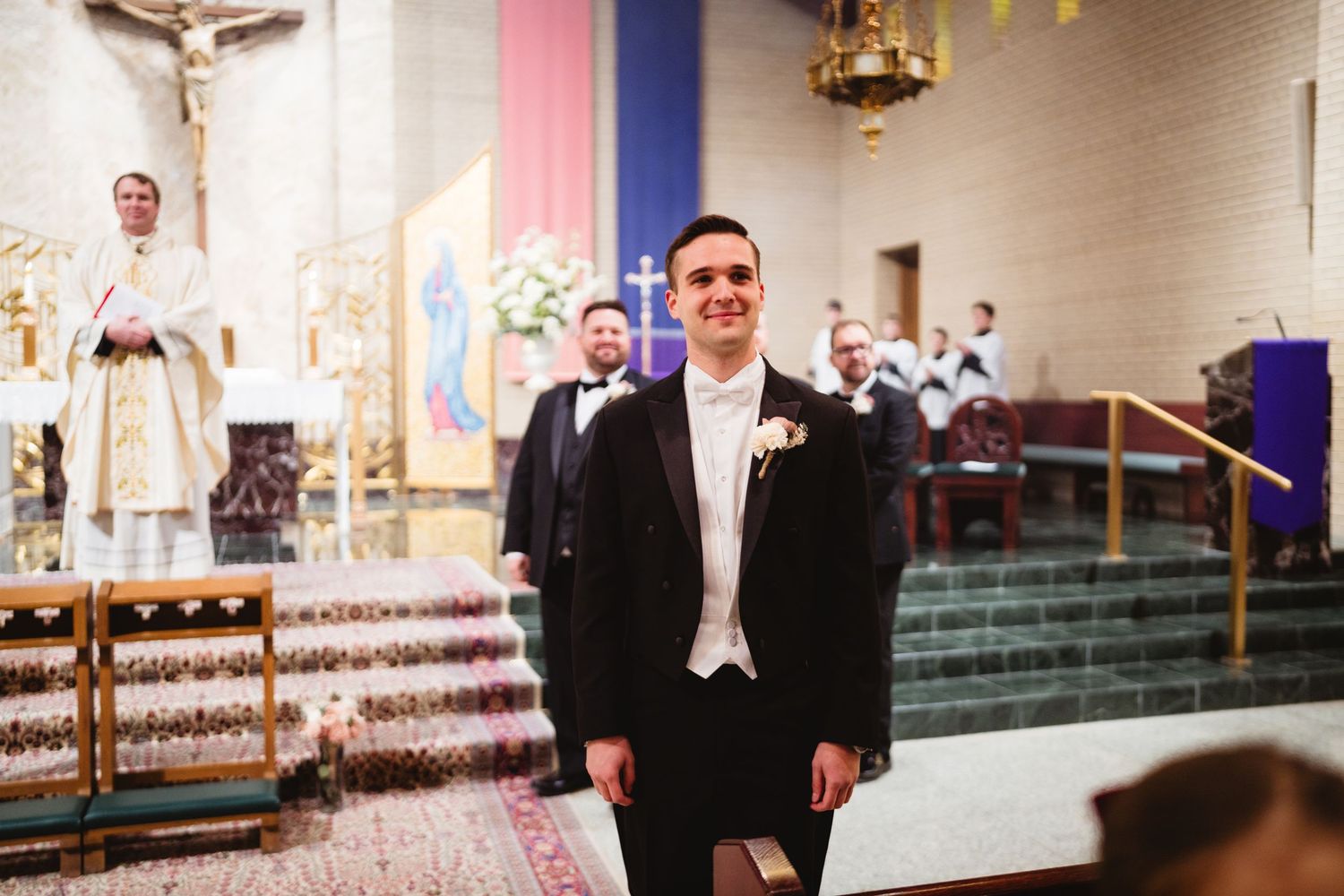 A wedding ceremony montage showing different moments in a church with traditional decor and religious elements.