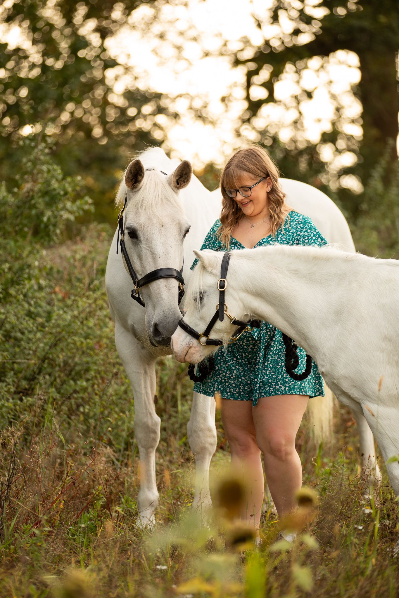 Two horses stand with people in a lush garden setting on a sunny day with colorful flowers blooming.