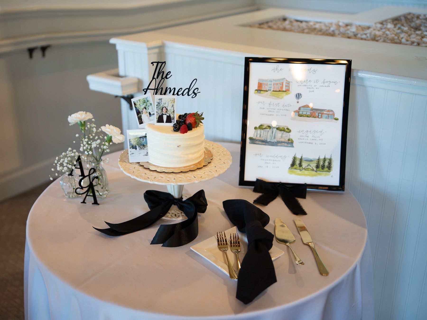 Black formal shoes displayed on a white table with framed artwork and decorative elements at a wedding event.