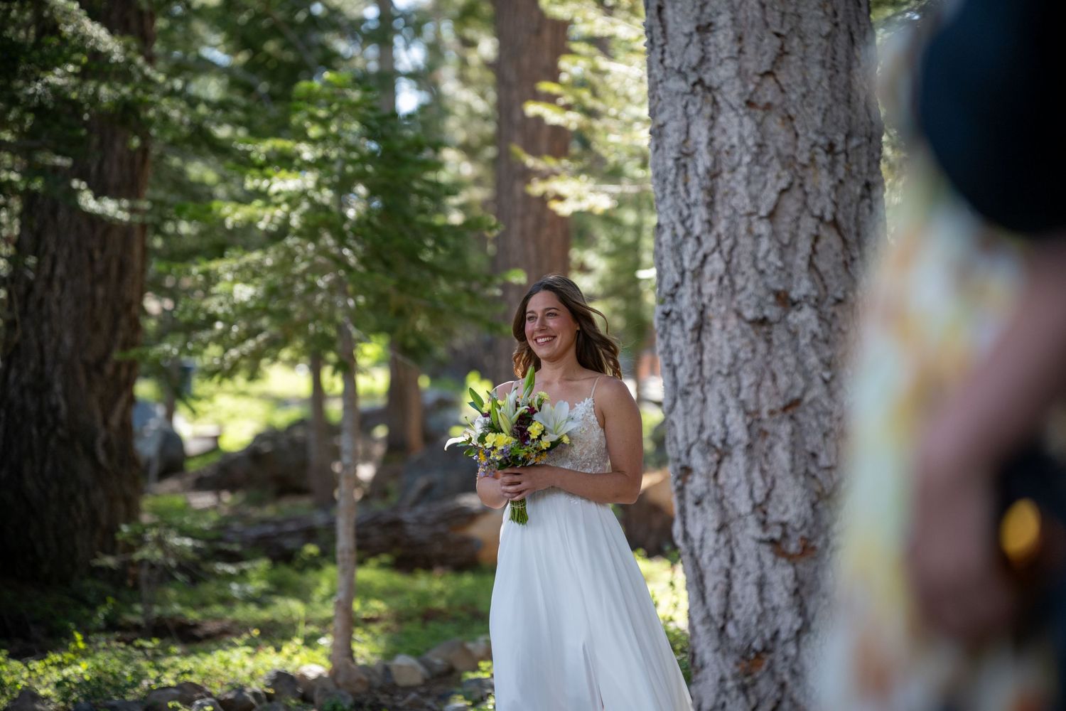 Smiling bride in white dress holding bouquet stands among tall pine trees in a sunlit forest wedding setting.