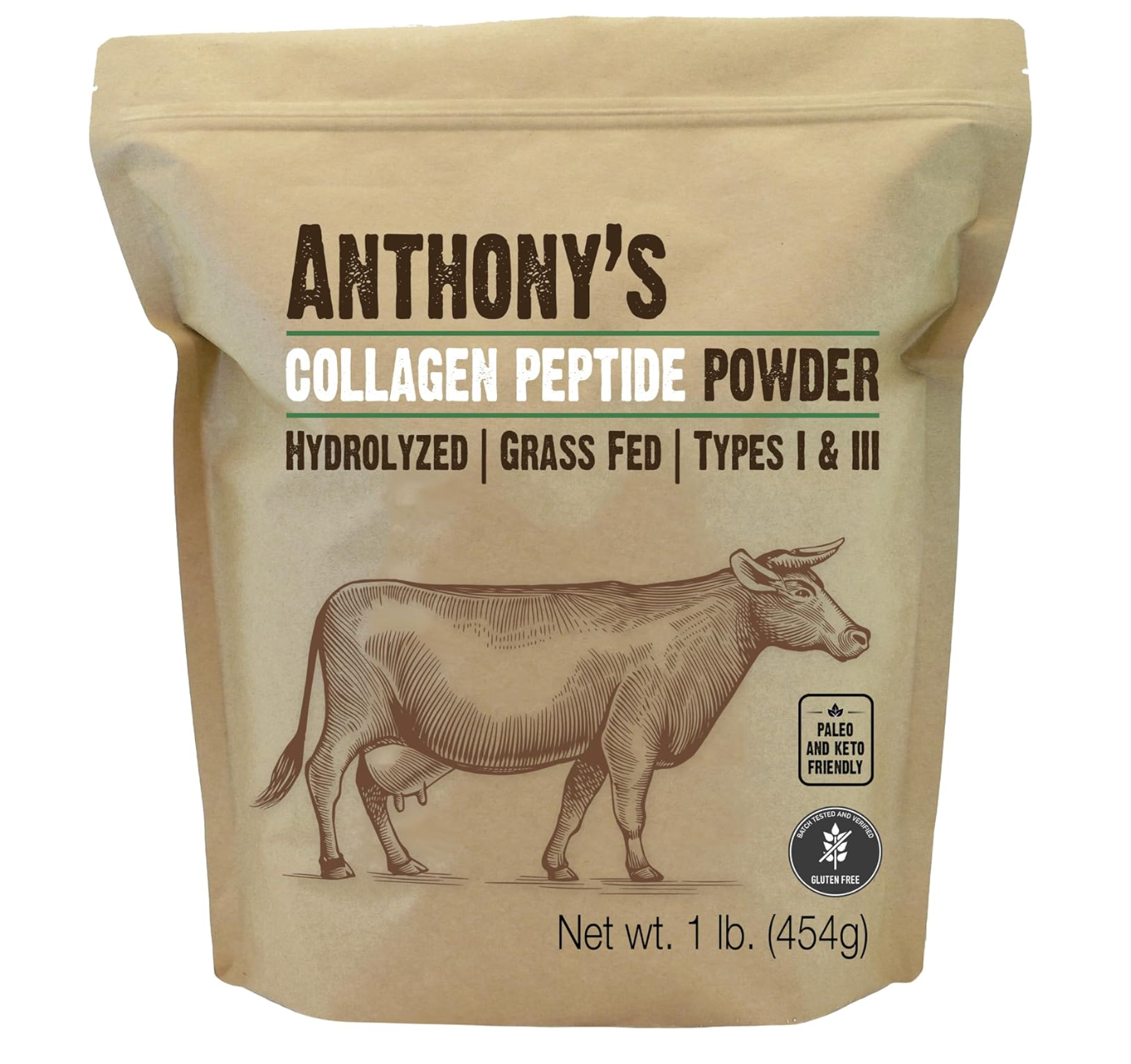 Tan package of Anthony's Collagen Peptide Powder featuring an illustration of a cow.