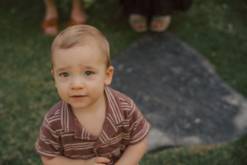 A small child in a brown striped polo shirt sits on grass near a stone pathway on a sunny day.
