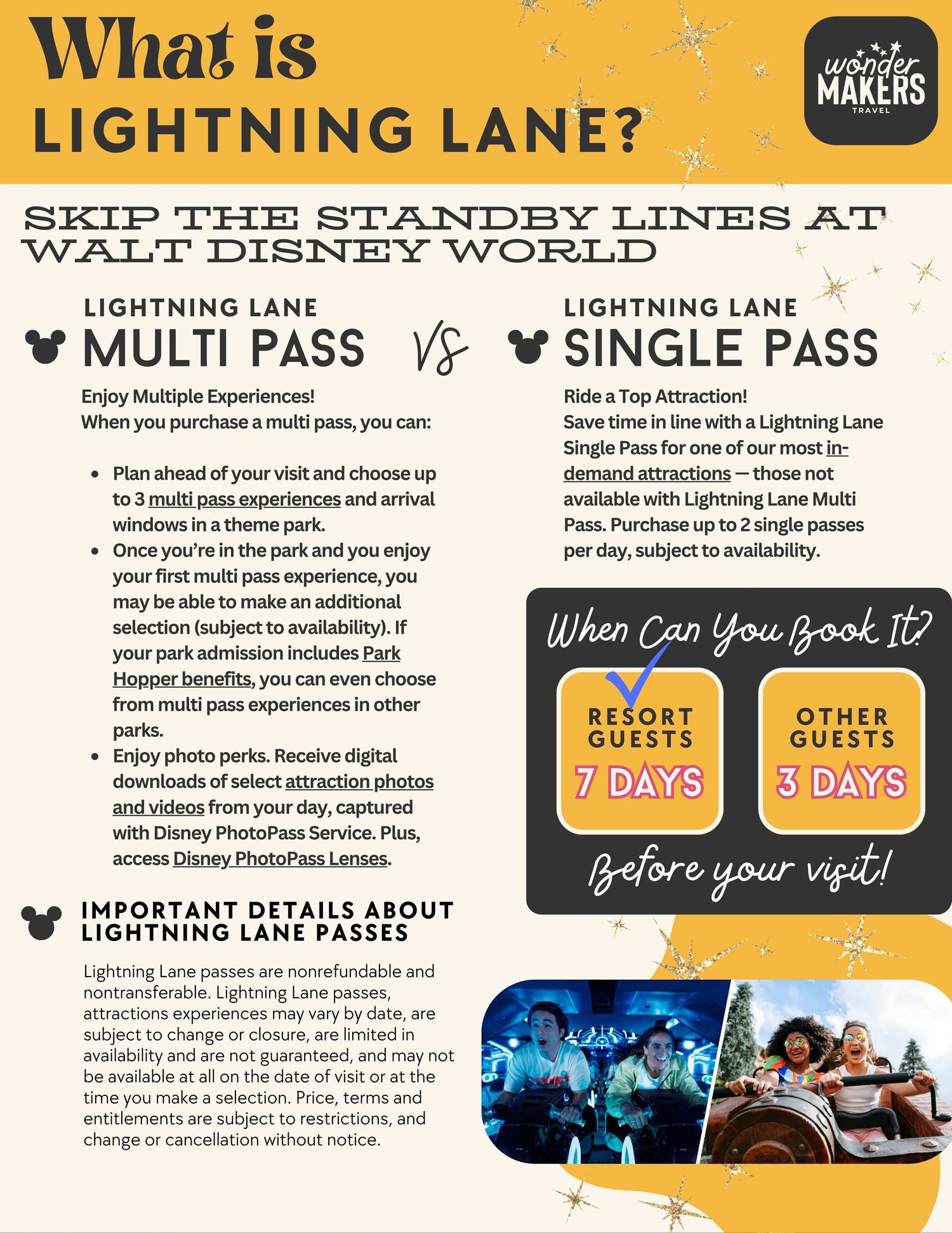 Informational guide explaining Lightning Lane passes and standby lines at Walt Disney World theme parks.
