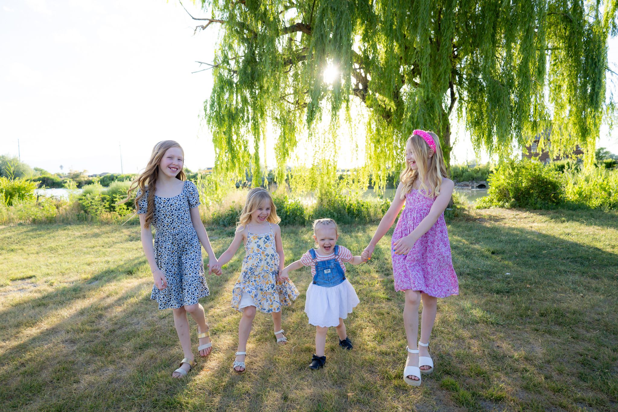 Group of children playing together under a weeping willow tree at sunset.