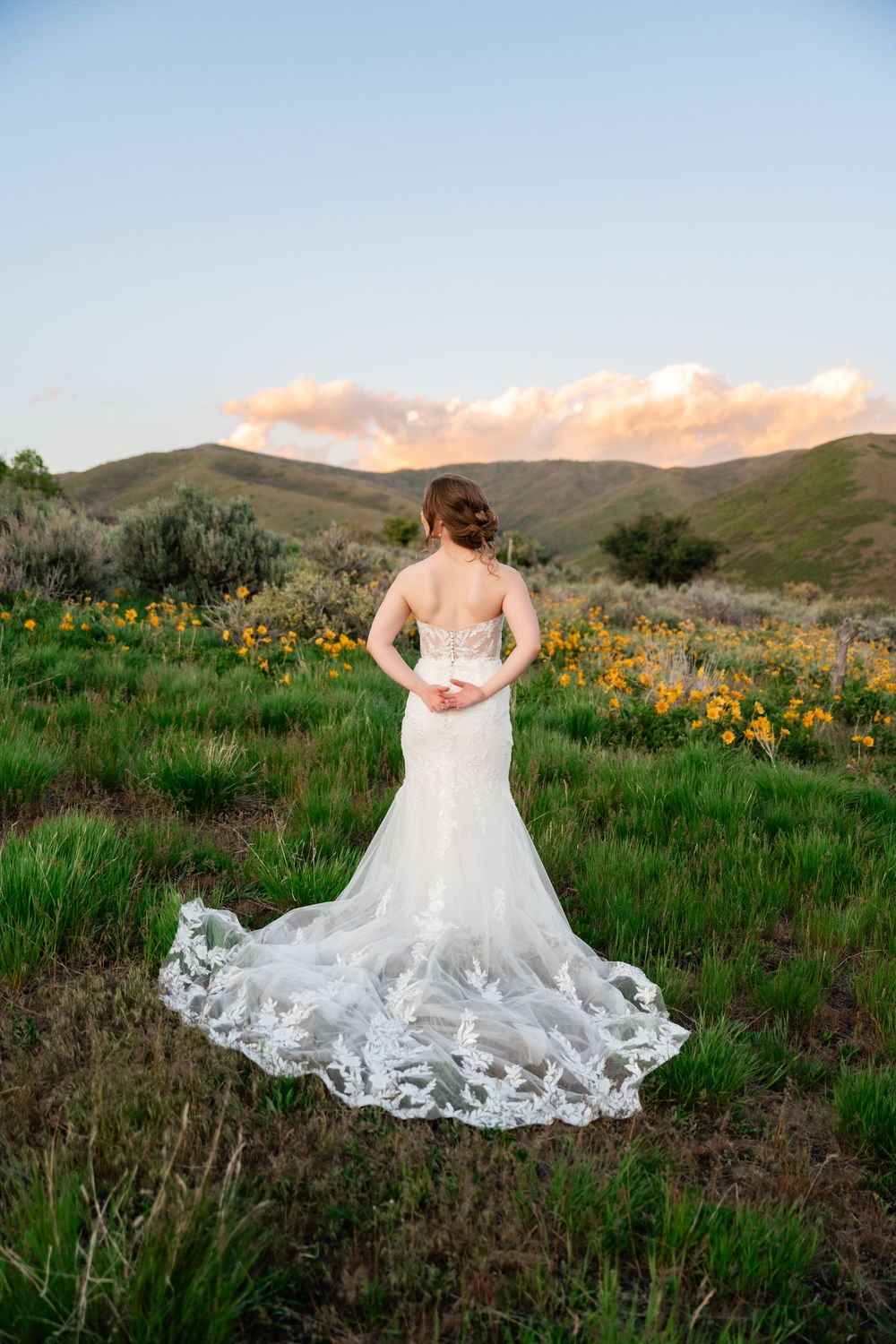 Back view of bride in lace train wedding dress standing in mountain meadow at sunset.